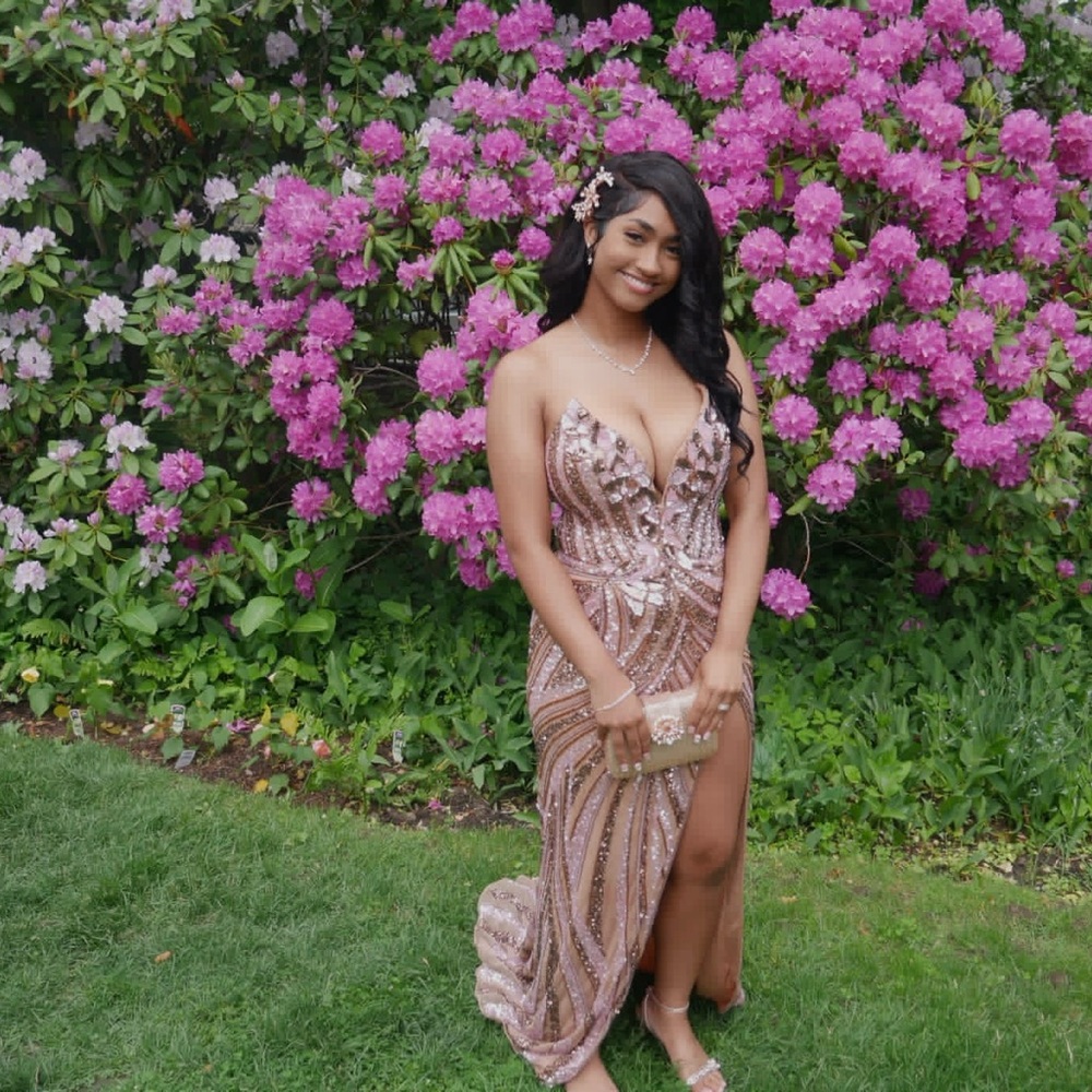 Gold Sequin Embellished Prom Gown with Plunge Neckline